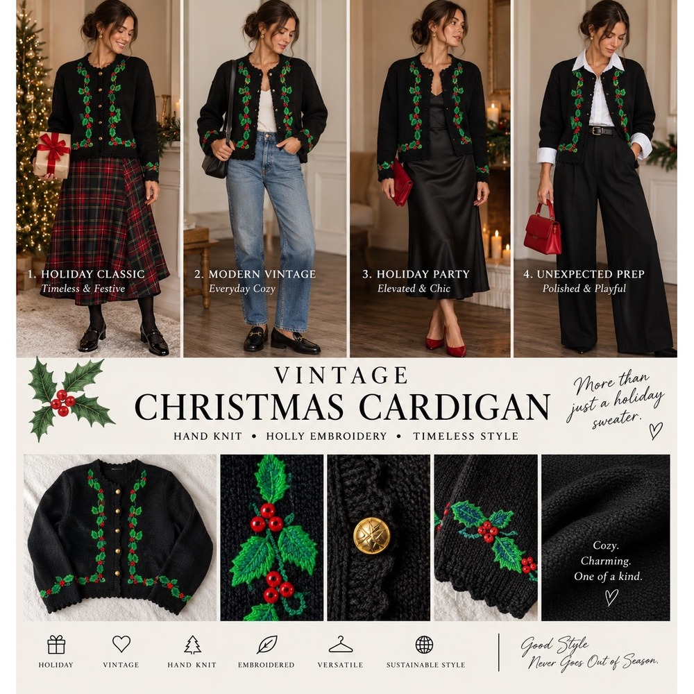 Vintage Hand Knit Christmas Cardigan Black Holly Berry Embroidered Sweater M/L